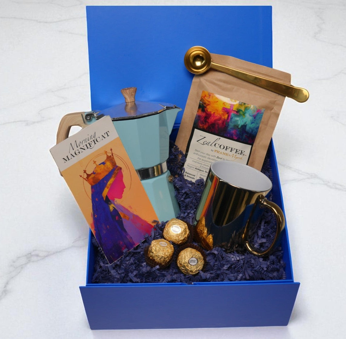 Gift box for coffee lovers with coffee beans, mug, and chocolates
