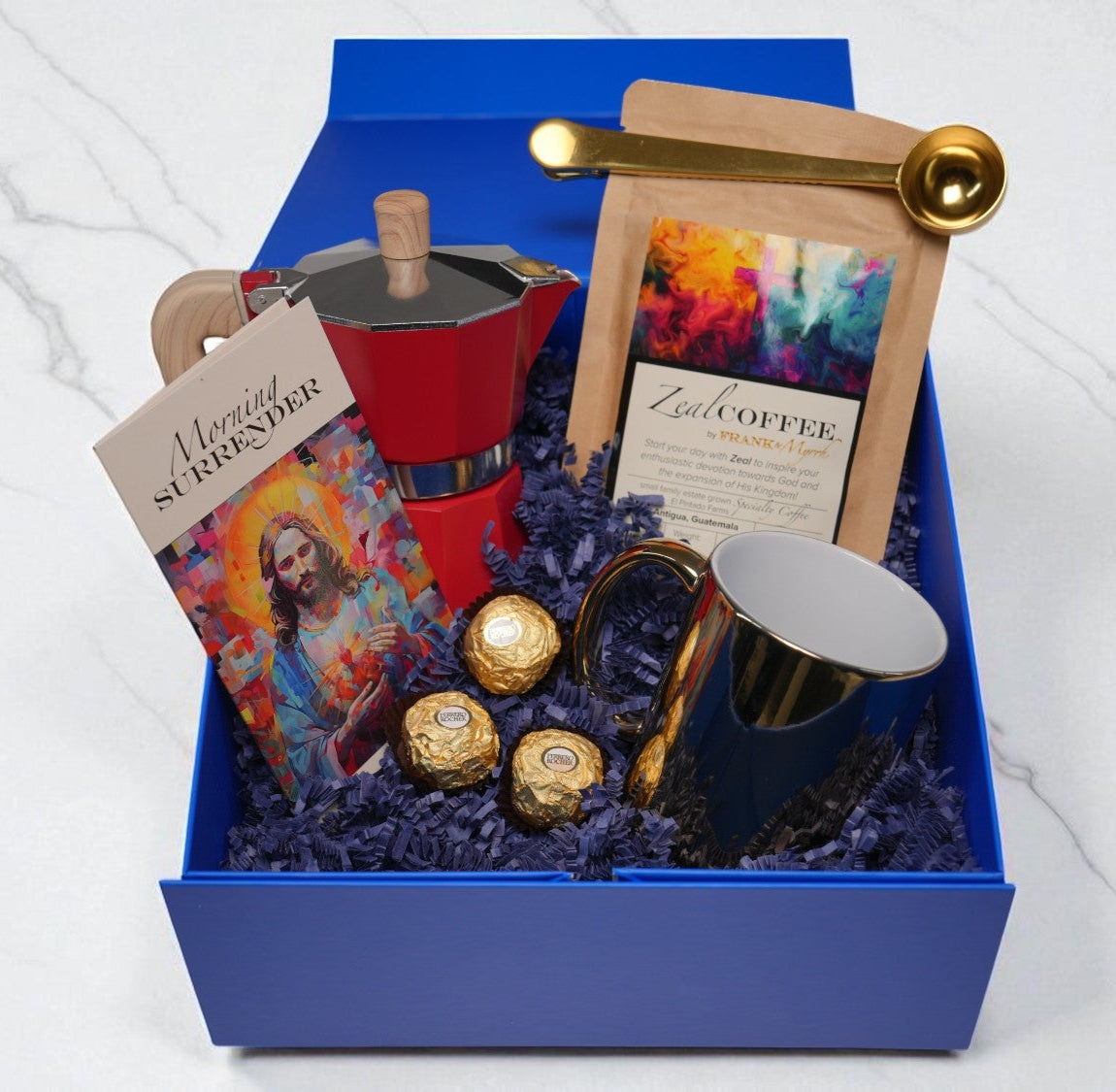Gift basket with coffee-themed items including a mug, coffee beans, and chocolates